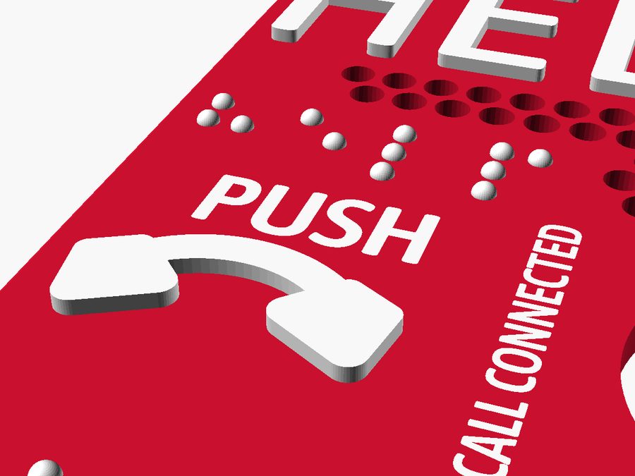 Close-up of the TECS-A+ faceplate: raised Grade 2 Braille dots, raised PUSH lettering and handset symbol, speaker holes and CALL CONNECTED text on red