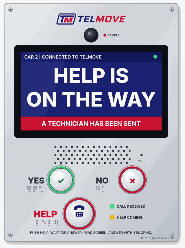 TECS-V Car Station concept: brushed stainless faceplate with TELMOVE logo, camera, 7 inch screen reading HELP IS ON THE WAY, YES and NO buttons, HELP button and backup lamps